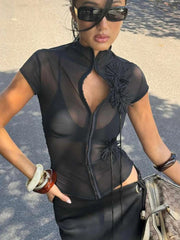 Tassel Applique Single-Breasted Half-High Neck Crop Top