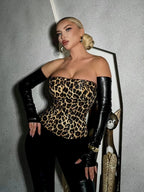 Leopard Print Leather Gloves+Chest Wrap Crop Top