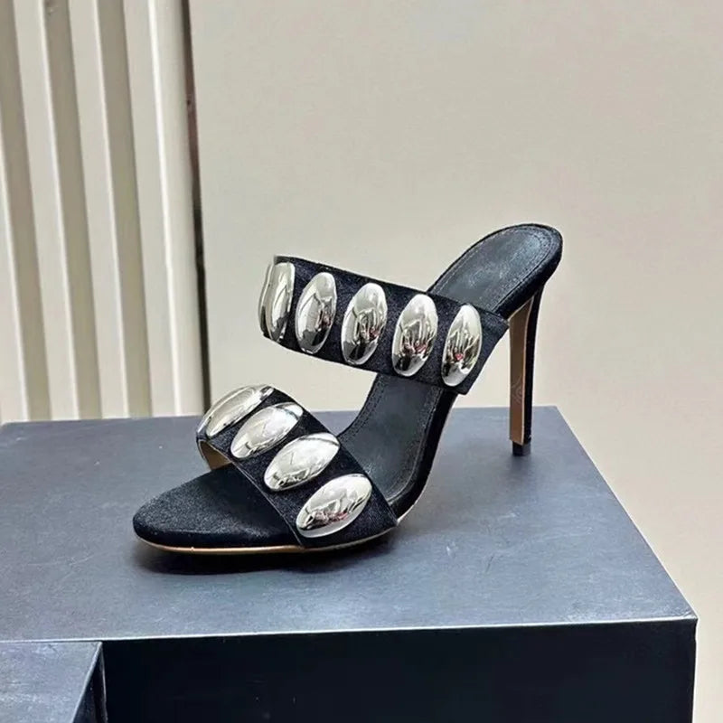 Metal Decor Gothic Suede Slippers High Heel