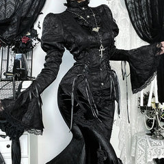 Gothic Flared Sleeve Slim Blouse