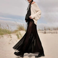 Mesh Sheer Ruffle Midi Skirt