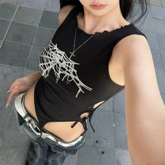 Spider Web Print Aesthetic Bandage Crop Top