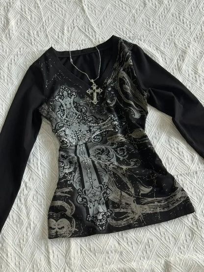 Gothic V-neck Graphic Cotton T-shirt