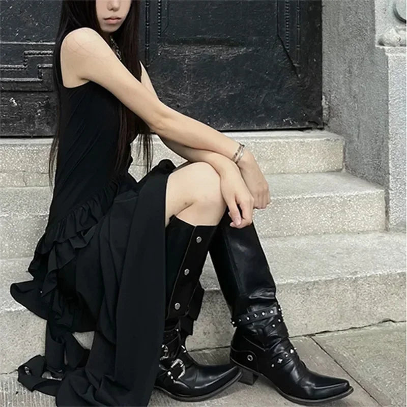 Black Punk Knee High Gothic Motorcycle Boot