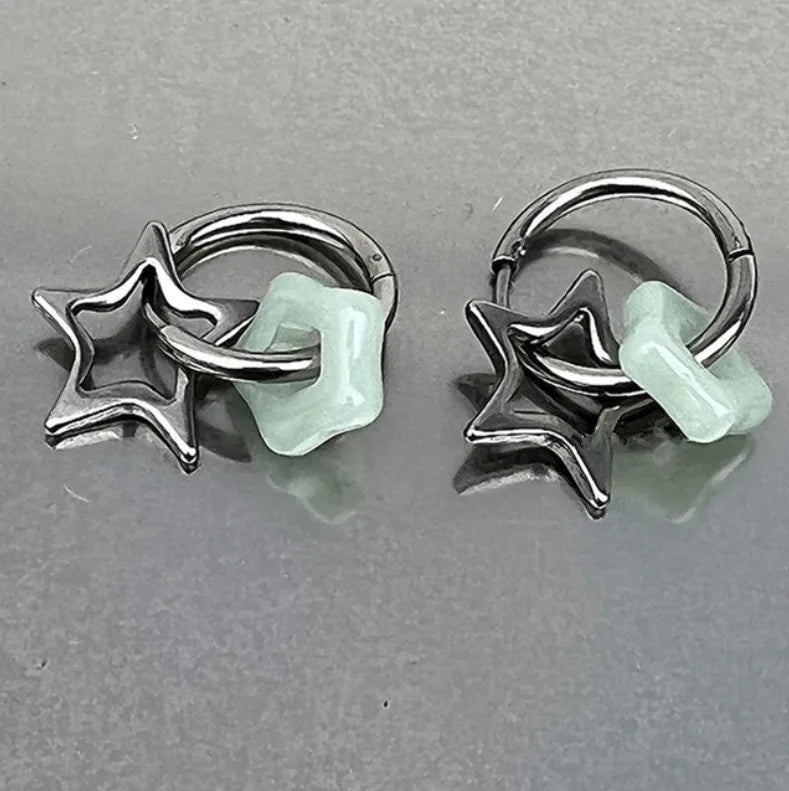 Punk Star Cross Silver Hollow Heart Earring