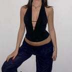 Deep V-Neck Halter Hollow Out Crop Top