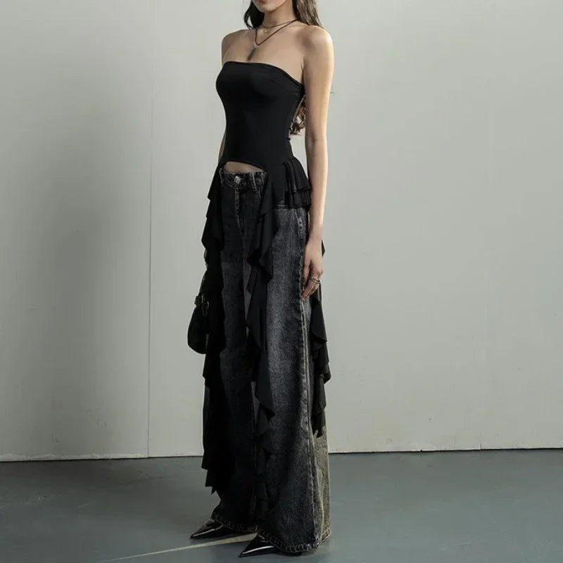 Asymmetrical Fringed Ruffle Black Crop Top