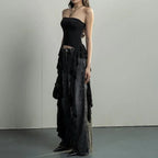 Asymmetrical Fringed Ruffle Black Crop Top