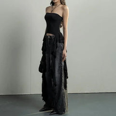 Asymmetrical Fringed Ruffle Black Crop Top