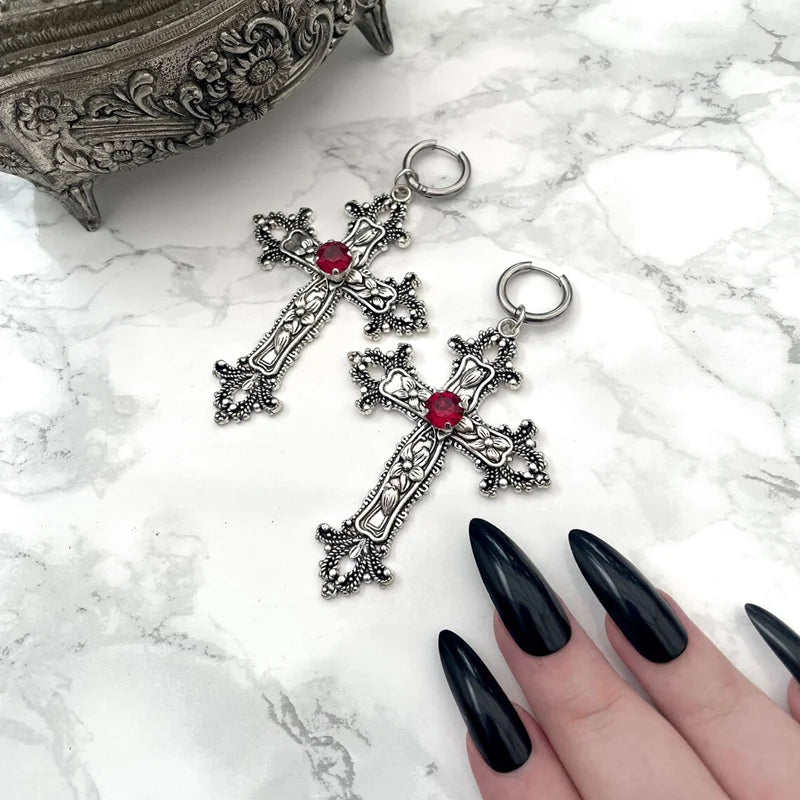 Gothic Silver Jewel Cross Wedding Statement Earring Secondary image