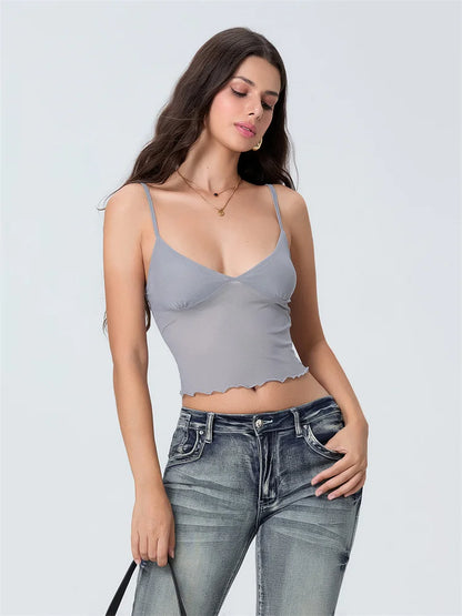 Tulle Patchwork Slim Fit Crop Top