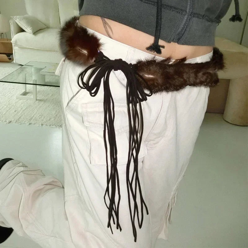Vintage Gothic Fur Patchwork Tie Belt