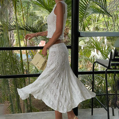 Slim Fit Lace Hollow Top with White Beach Skirt Crop Top