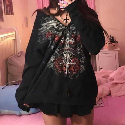 Gothic Grunge Graphic Zip Hoodie