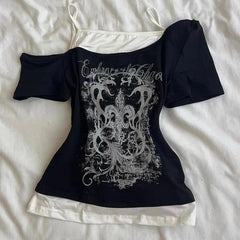 Gothic Print Fake Two-piece Black Crop Top