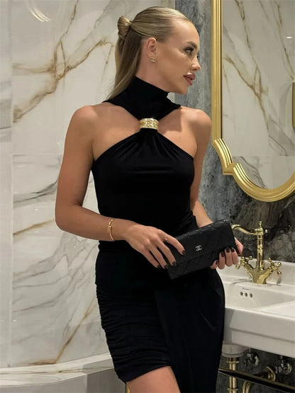 Metal Ring Knit Turtleneck Crop Top