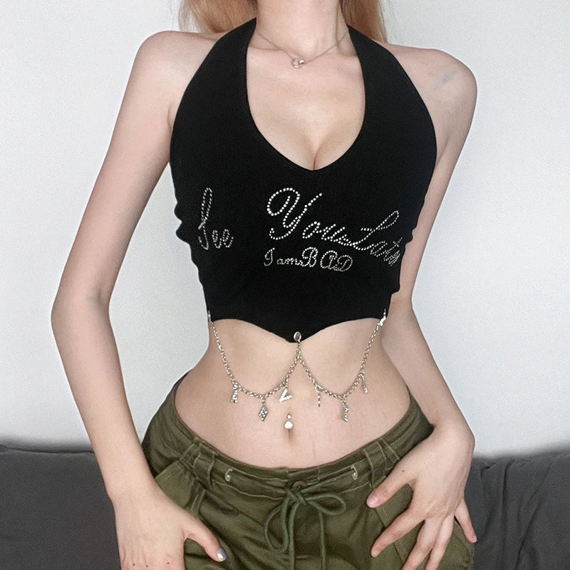 Diamond Letter Chain Halterneck Slim Crop Top Main image