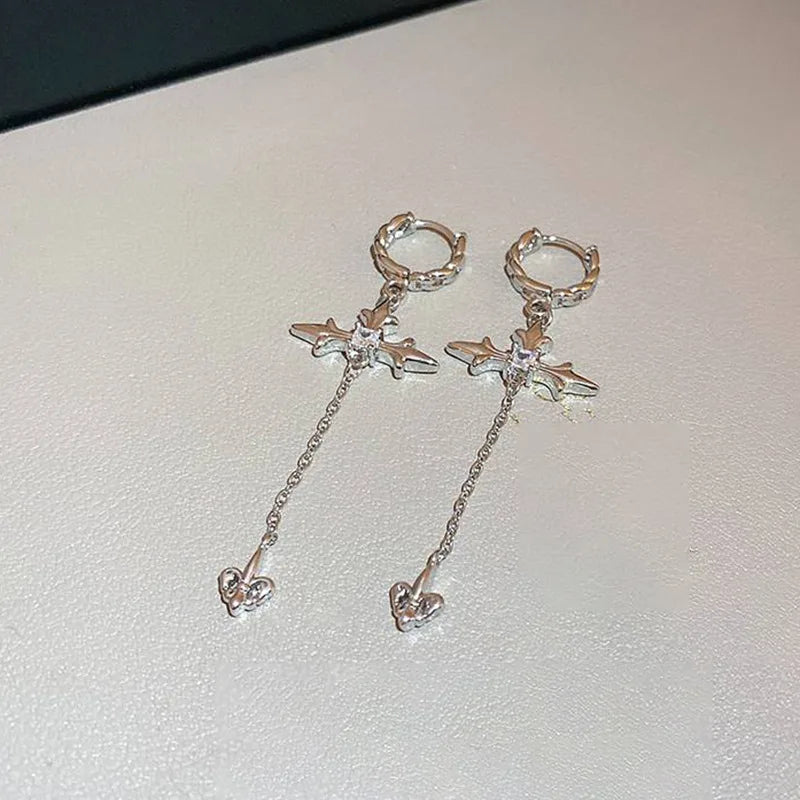 Dark Punk Metal Chain Cross Love Earring