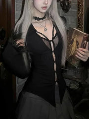 Grunge Gothic Black V-neck Lace Blouse