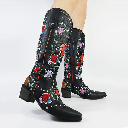 Love Heart Mid-Calf Chunky Heel Punk Western Boot