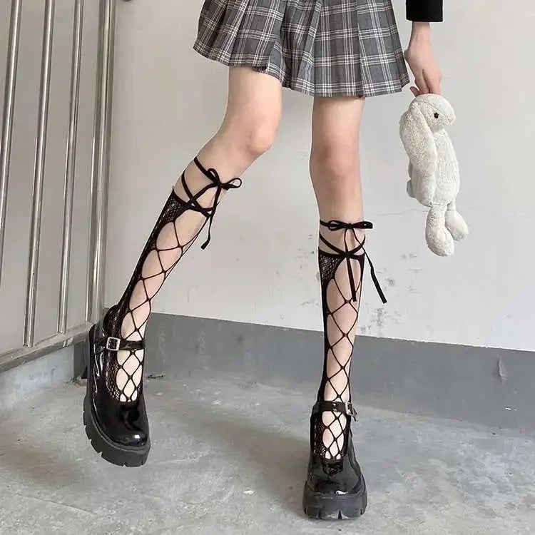 Gothic Black Calf Straps Hollow Sock