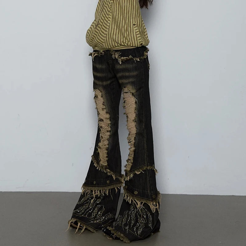 Ripped Gothic Black Tassel Pant