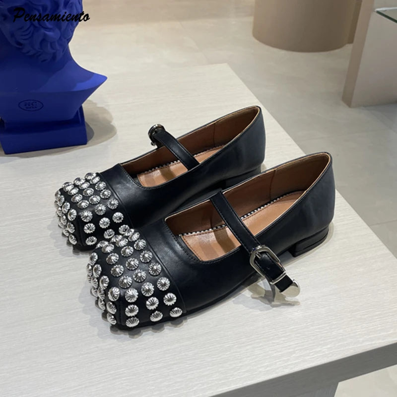 Rivet Cross Strap Square Toe Loafers Flat Main image