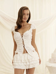 Placket Tank Tops Lace-Up One Shoulder Crop Top