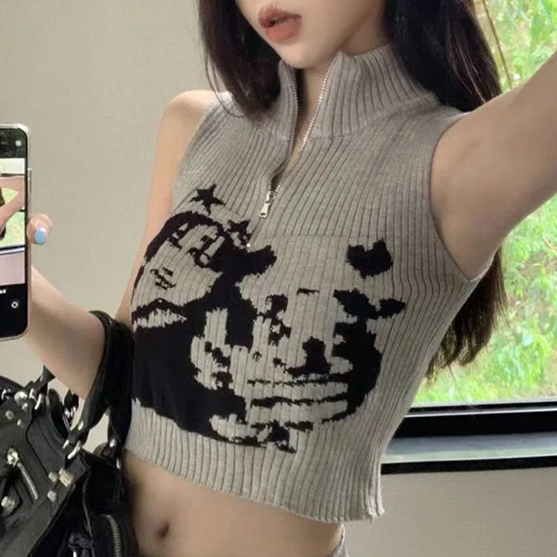 Vintage Knitted Zipper Crop Top Main image