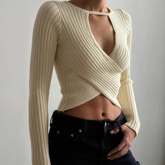Hollow Out Knit Long Sleeve Undershirt Crop Top