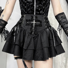 Cross Patchwork Pleated Gothic Skirt