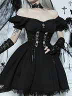 Black V Neck Lace Up High Waist Corset Mini Dress
