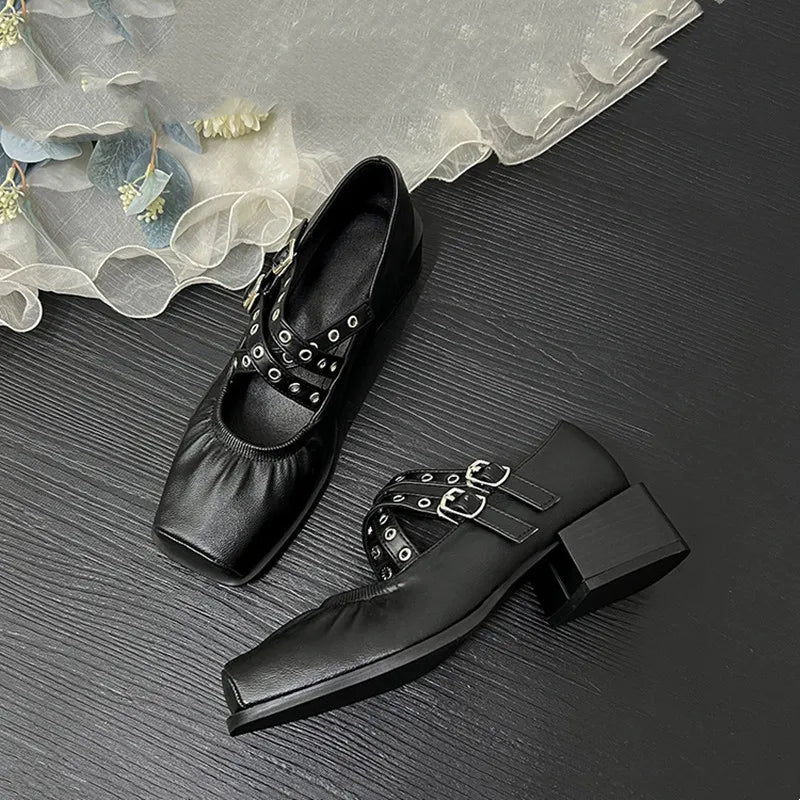 Square Toe Rivet Mary Janes Leather Flat