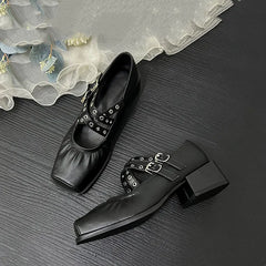 Square Toe Rivet Mary Janes Leather Flat
