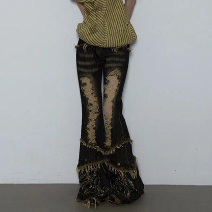 Ripped Gothic Black Tassel Pant