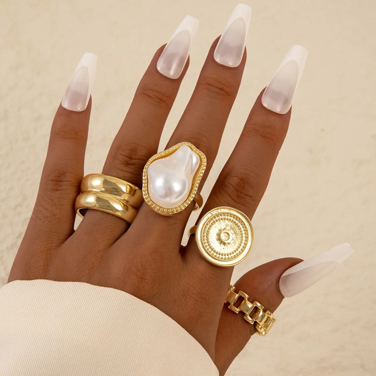 Punk Irregular Pearl Gothic Metal Ring Main image