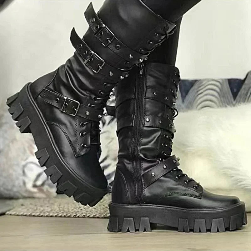 Punk Zipper Motorcycle Mid-Calf Gothic Boot Main image