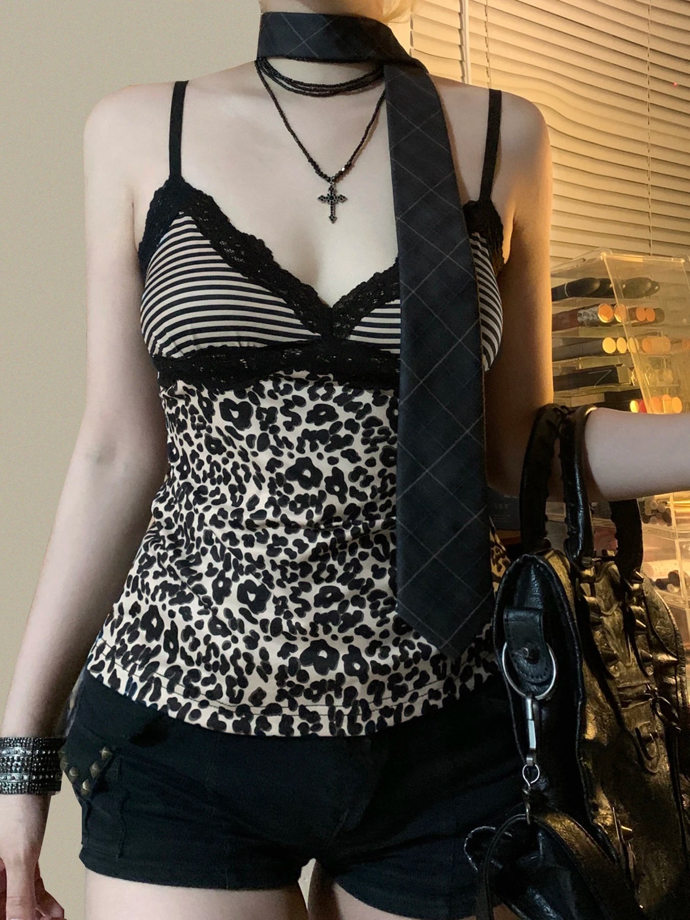 Striped Leopard Slim Backless Bow Crop Top