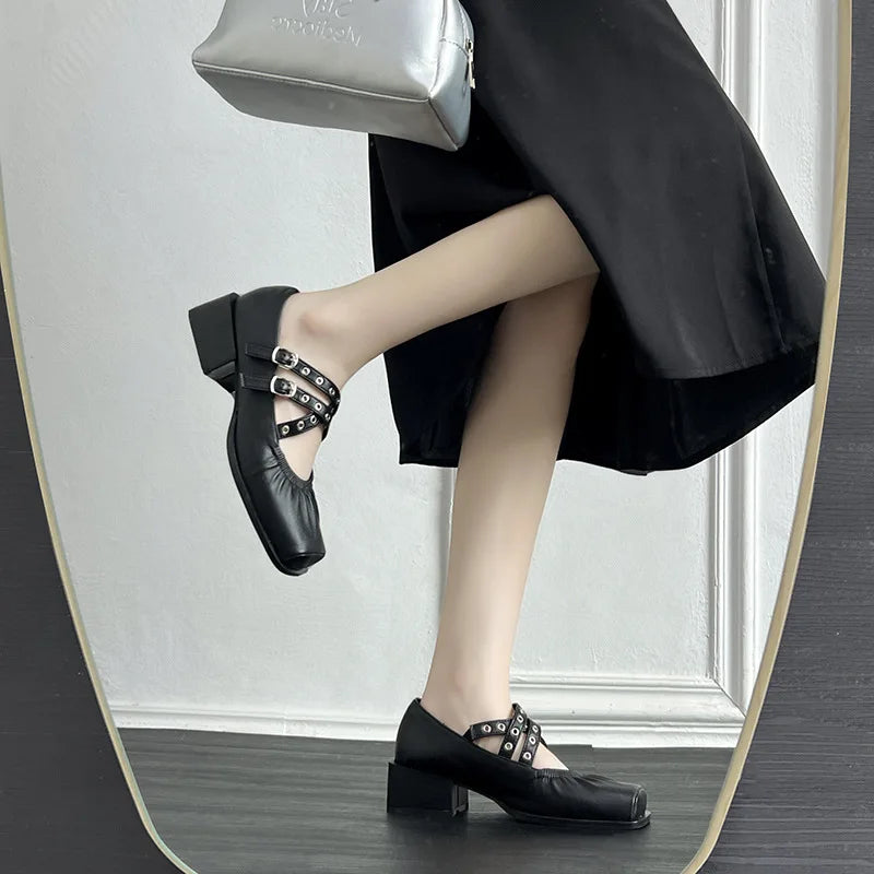 Square Toe Rivet Mary Janes Leather Flat