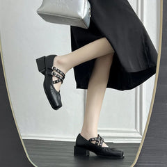 Square Toe Rivet Mary Janes Leather Flat