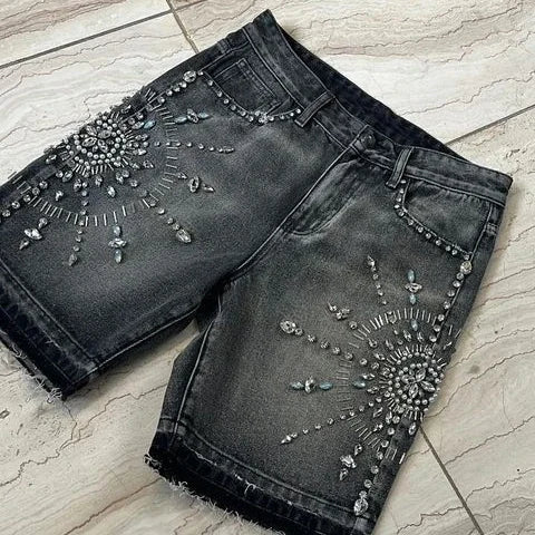 Rhinestone Raw Edge Denim Short Main image
