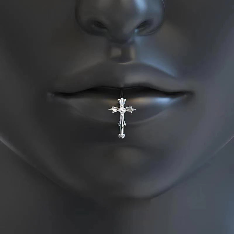 White Zirconia Cross Silver Punk Lip Stud