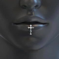 White Zirconia Cross Silver Punk Lip Stud