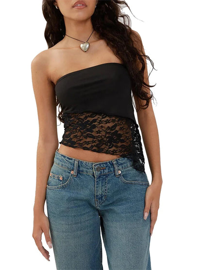 Skinny Off Shoulder Lace Floral Bandeau Crop Top