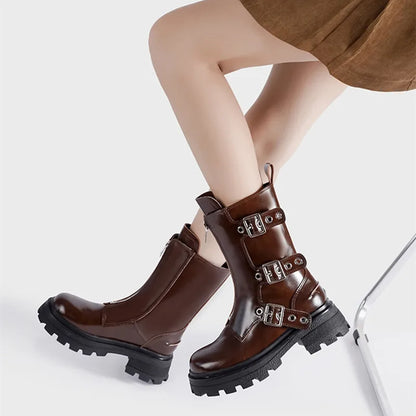 Rivet Belt Buckle Chunky Heeled Gothic Motorcycle Boot