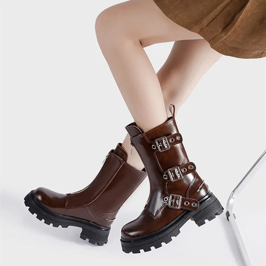 Rivet Belt Buckle Chunky Heeled Gothic Motorcycle Boot
