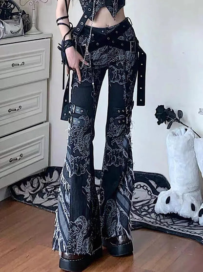Punk Gothic Black Print Flare Pant