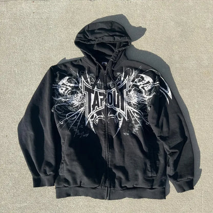 Gothic Retro Letter Print Zip Hoodie