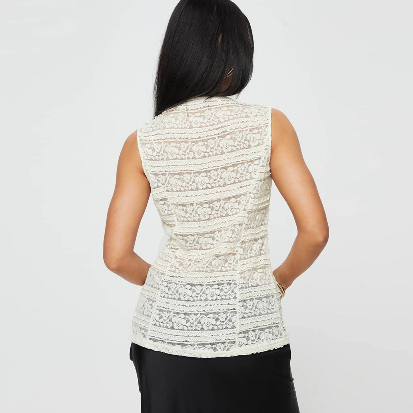 V-Neck Button Basic Lace Tank Crop Top