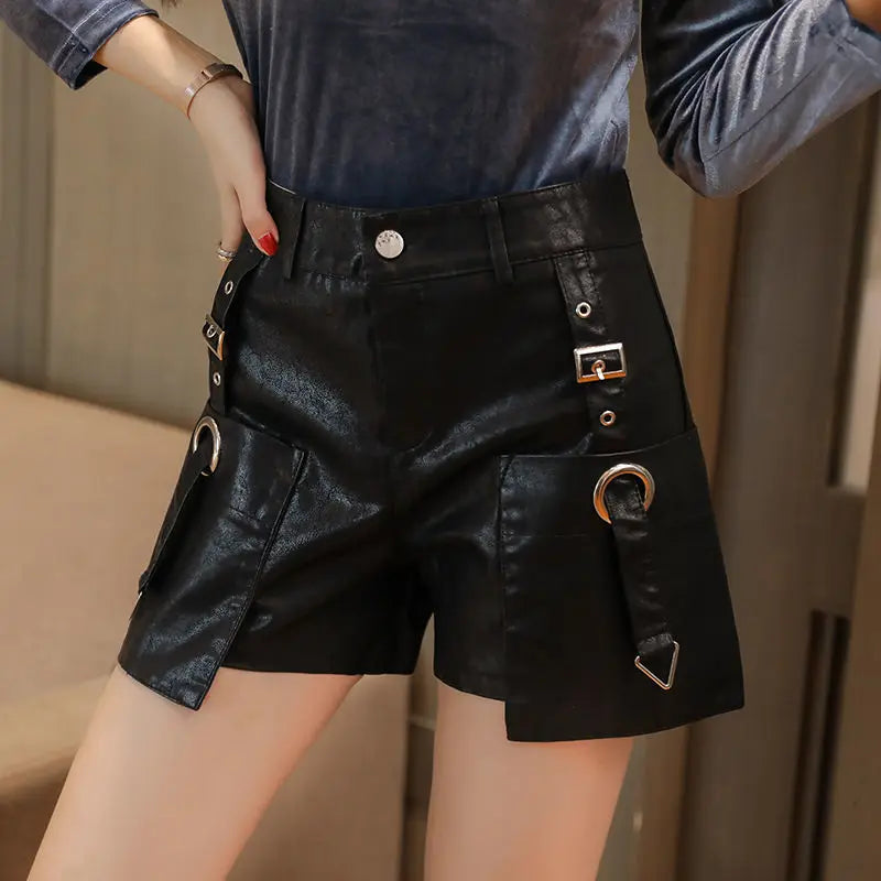 Rivet Zipper Faux Leather Short
